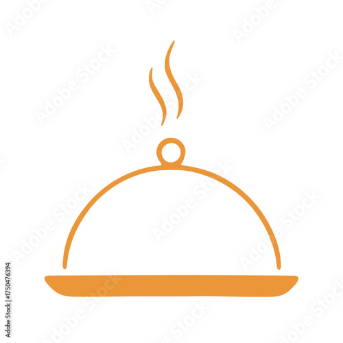 A simple stylized orange icon of a covered dish with steam rising representing hot food a meal or a culinary concept on a black background
