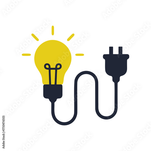 Bright idea concept represented by a glowing yellow light bulb connected by a wire to an electrical plug on a black background