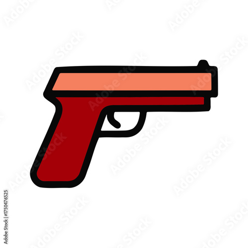 Stylized flat design illustration of a handgun pistol with red and orange colors on a black background