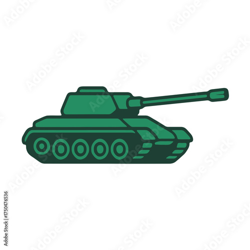 A stylized green military tank icon with a long cannon and tracks isolated on a solid black background representing warfare and defense