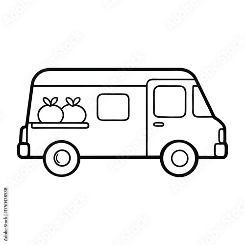 A green fresh food delivery van coloring page featuring a cheerful vehicle loaded with fruits and veggies, symbolizing healthy, eco-friendly produce delivery and freshness.
