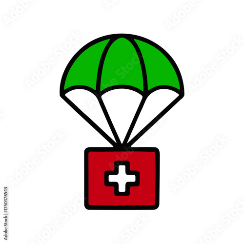 A vibrant green parachute descends from the sky carrying a red medical aid box with a white cross symbol symbolizing emergency medical relief and humanitarian assistance