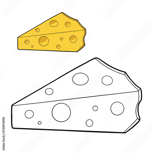A fun coloring page featuring a wedge of cheese with holes, perfect for kids to color and learn about dairy foods. Simple outlines make it easy and playful to fill with color.
