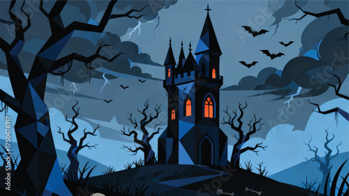 Illustration Of A Gothic Castle Tower On A Hill, Halloween Horror Atmosphere Vector Design Template
