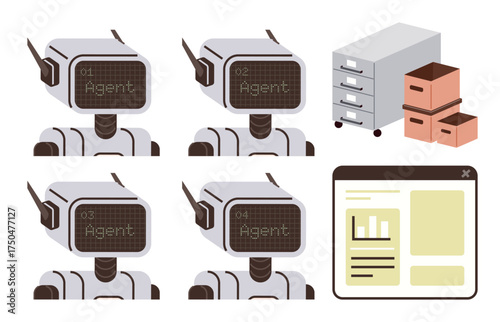 Robots labeled as agents, filing cabinet with boxes, and data analytics browser window. Ideal for AI, automation, teamwork, workflow, organization data analytics innovation. Simple flat metaphor