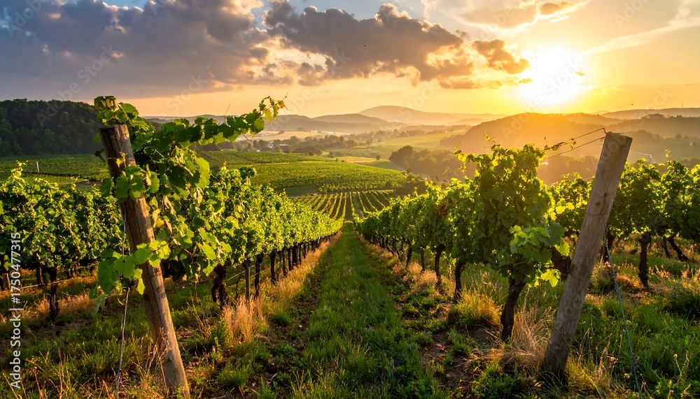 Fototapeta premium Lush vineyard rows at dawn, bathed in golden sunrise light