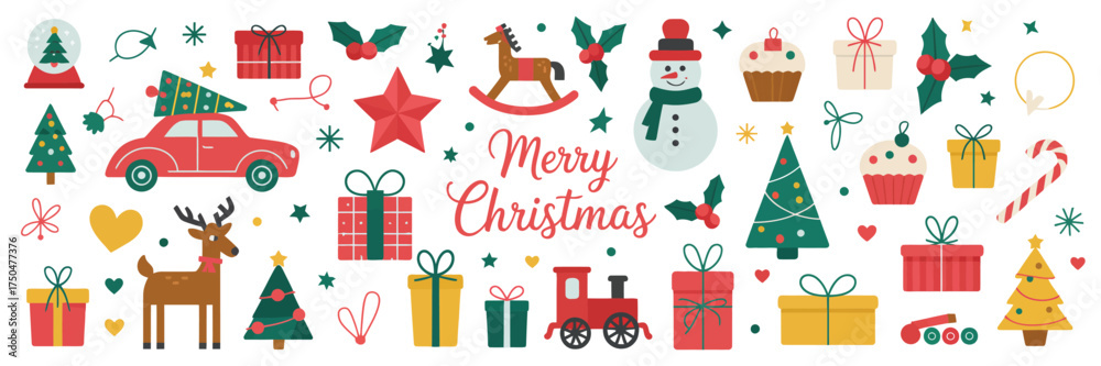 Naklejka premium Set of Decorative Christmas Elements Vector Illustration Featuring Tree, Reindeer, Bauble, Socks, Snowman, Gifts, and Car – Perfect for Holiday Cards, Stickers, and Posters