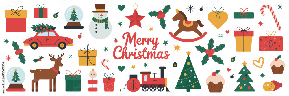 Obraz premium Set of Decorative Christmas Elements Vector Illustration Featuring Tree, Reindeer, Bauble, Socks, Snowman, Gifts, and Car – Perfect for Holiday Cards, Stickers, and Posters