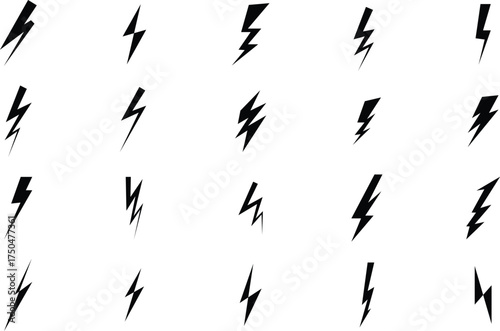 a collection of twenty black lightning bolt icons