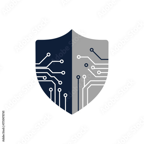 Abstract digital security shield icon featuring circuit board patterns, symbolizing robust data protection, cybersecurity, and innovative technological defense solutions