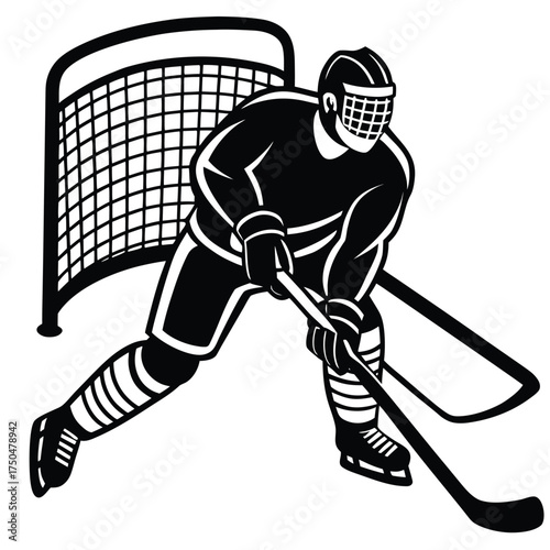 black and white hockey player with net clip art preview