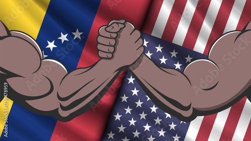 Vector wavy national flags of United States of America and Bolivarian Republic of Venezuela. Male muscular arm wrestling, power struggle. American and Venezuelan. Political economic banner