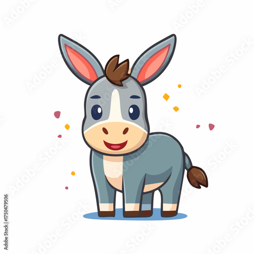 A cute and happy gray cartoon donkey smiling cheerfully on a white background with colorful confetti.