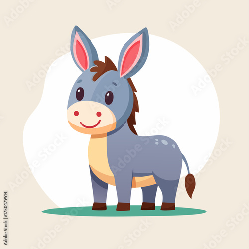 A cute and friendly cartoon donkey smiling happily while standing on a green patch of grass.