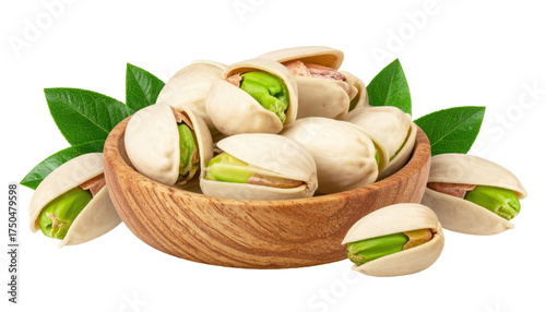 Wallpaper Mural Assorted Pistachio Nuts in a Wooden Bowl Surrounded by Green Leaves on a Transparent Background Torontodigital.ca