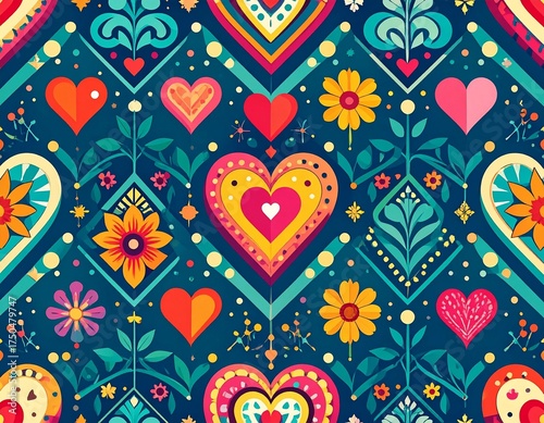 Bright, Colorful Folk Art and Scandinavian Style Heart and Floral Seamless Pattern