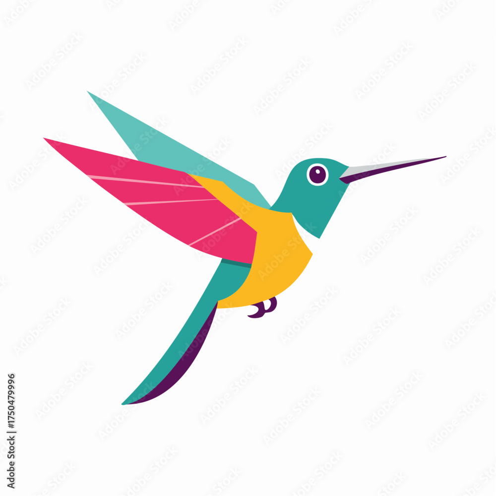 Obraz premium A colorful stylized hummingbird with geometric wings flying against a plain white background.