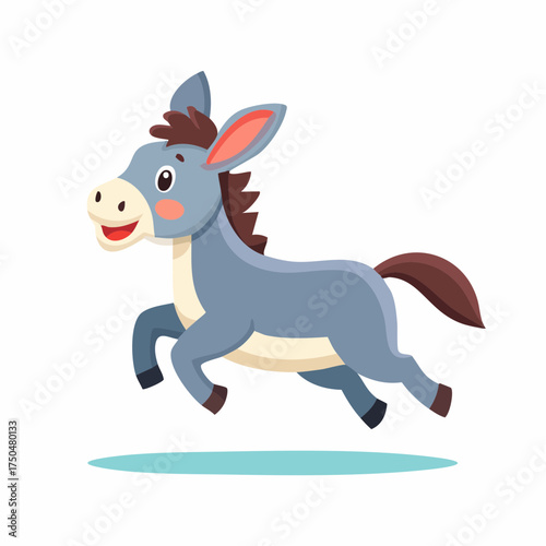 A cheerful cartoon donkey with a happy expression is running and jumping joyfully on a white background.