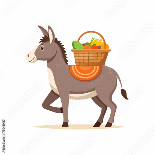 A cute cartoon donkey carrying a wicker basket full of fresh fruits and vegetables on its back, isolated on a white background.
