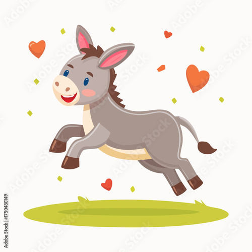 A cute cartoon donkey happily jumping in a field surrounded by little red hearts.