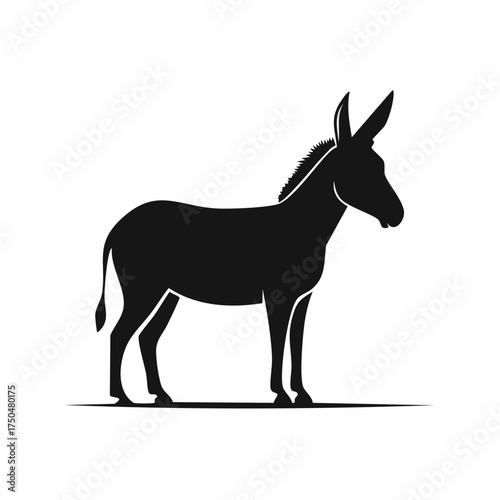 A black silhouette of a donkey, a farm animal, standing in profile on a simple white background.