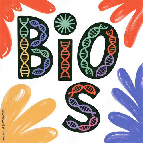 Colorful illustration featuring the word bios with dna and floral elements