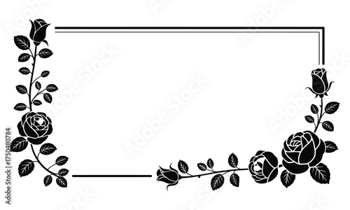 Rectangular floral border with roses and leaves in black design 
