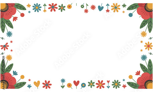 Floral decorative frame border with flowers and leaves on white background 
