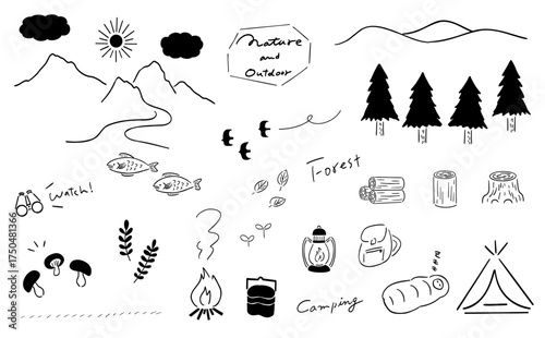 自然の中で楽しむ！自然の恵み＆キャンプアイテム_シンプルな手描きの線画｜
Enjoy Nature! Gifts of Nature & Camping Items – Simple Hand-drawn Line Art
