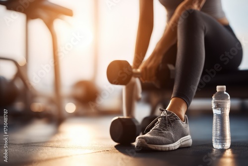 Fit person resting with dumbbell at a gym, sunlight streaming in