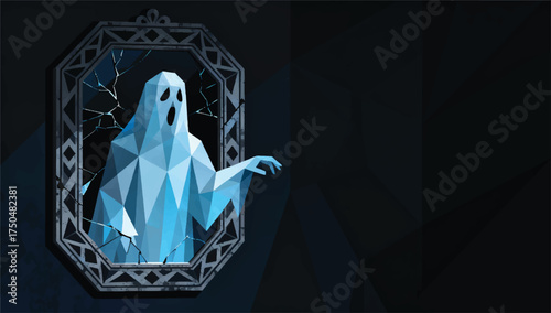 Illustration Of A Ghost Emerging From An Antique Mirror, A Mysterious, Creepy Atmosphere Vector Design Template