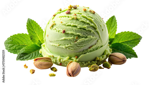 Pistachio Ice Cream Scoop Garnished with Mint Leaves and Nuts on a Transparent Background