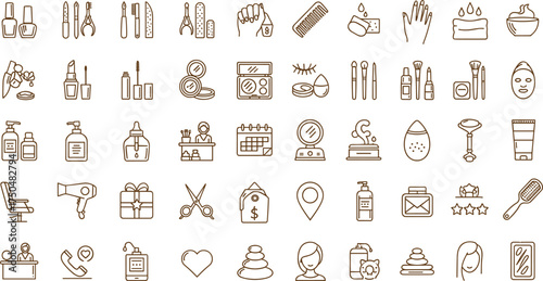 Beauty and salon line icon set, makeup tools, skincare, spa treatment, cosmetics, wellness, fashion, feminine care, modern minimal design