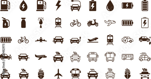 Electric and fuel transportation icon set, eco travel, green mobility, car, bus, train, airplane, sustainable energy, battery charging design