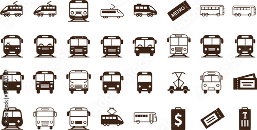 Public transport bus and metro icon set, railway travel symbols, ticket illustration elements, urban commute design, transportation vector collection