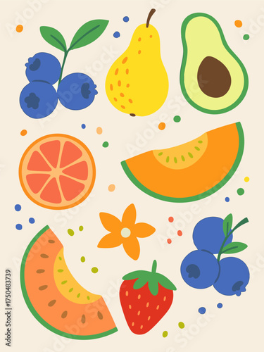 Vector Pattern of Fresh Fruit in Modern Minimalist Style with Bright Color Palette