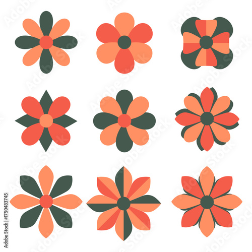 Vector Pattern of Simplified Floral Elements in Modern Organic Style with Warm Coral and Green Colors for Decorative and Textile Design