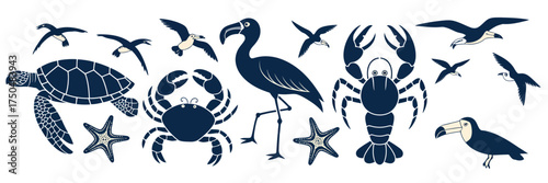 Artistic set of marine life and tropical birds, including a turtle, crab, and flamingo, in a dark blue graphic illustration style