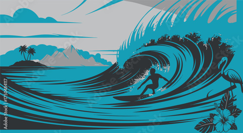 Retro-style graphic illustration of a surfer riding a powerful, curling ocean wave in a tropical island paradise scene