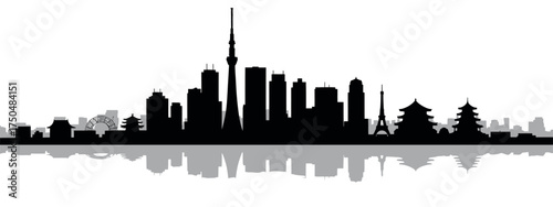 Vector illustration of a modern city skyline silhouette with reflection, featuring a composite of global architectural landmarks and towers
