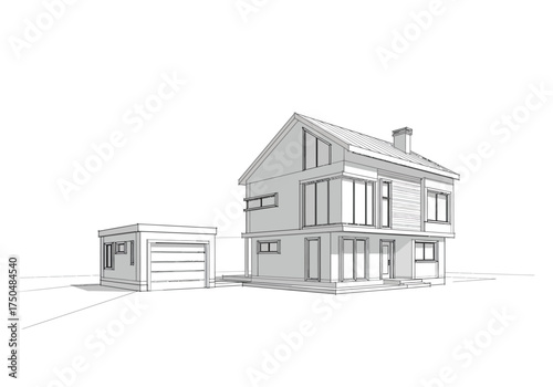 Architectural Sketch of a Modern Two-Story House with Garage.