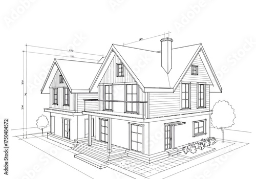 Detailed Architectural Drawing of a Two-Story House with Balcony and Chimney.
