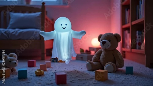 Friendly glowing ghost toy floats over colorful blocks in a child's cozy bedroom at night.