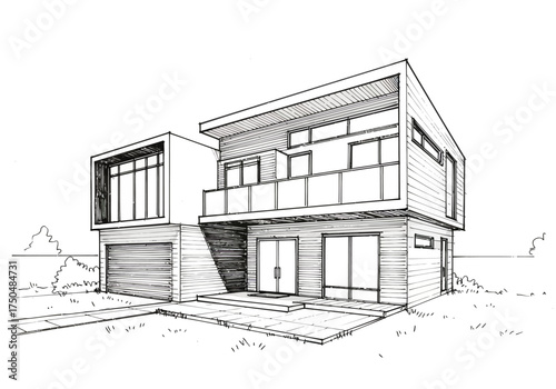 Architectural Sketch of a Modern Two-Story House with Balcony.