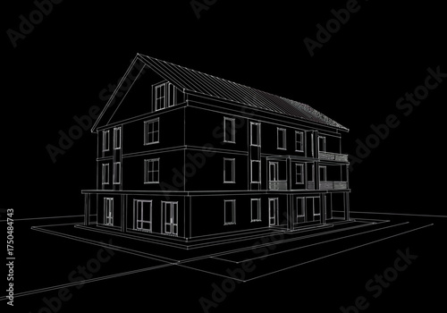Architectural Blueprint of a Three-Story Residential Building with Balconies.
