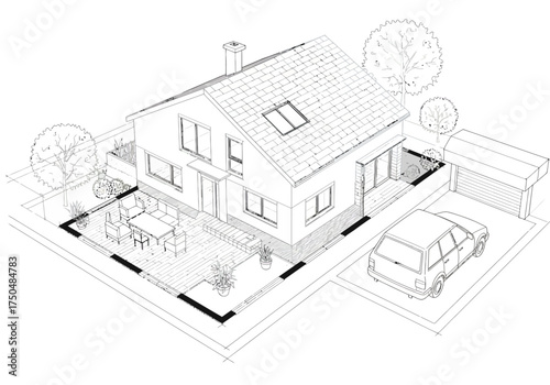Architectural Sketch of a Two-Story House with Garage and Patio.