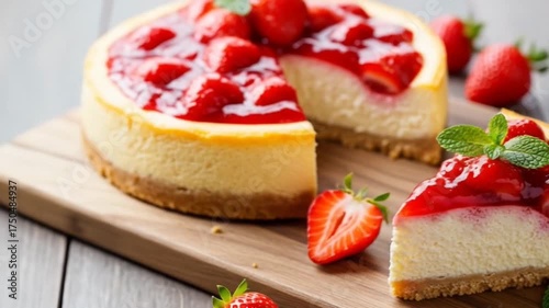 A delicious strawberry cheesecake served on a wooden board.