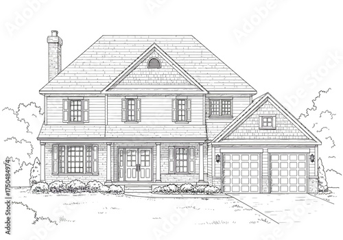 Detailed Architectural Line Drawing of a Two-Story Suburban House.