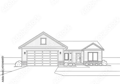 Architectural Drawing of a Single-Story Ranch-Style House with Garage.