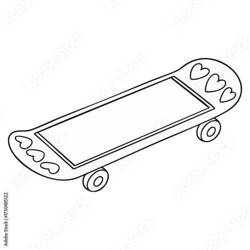 Skateboard Vector Outline Illustration with Hearts Isolated